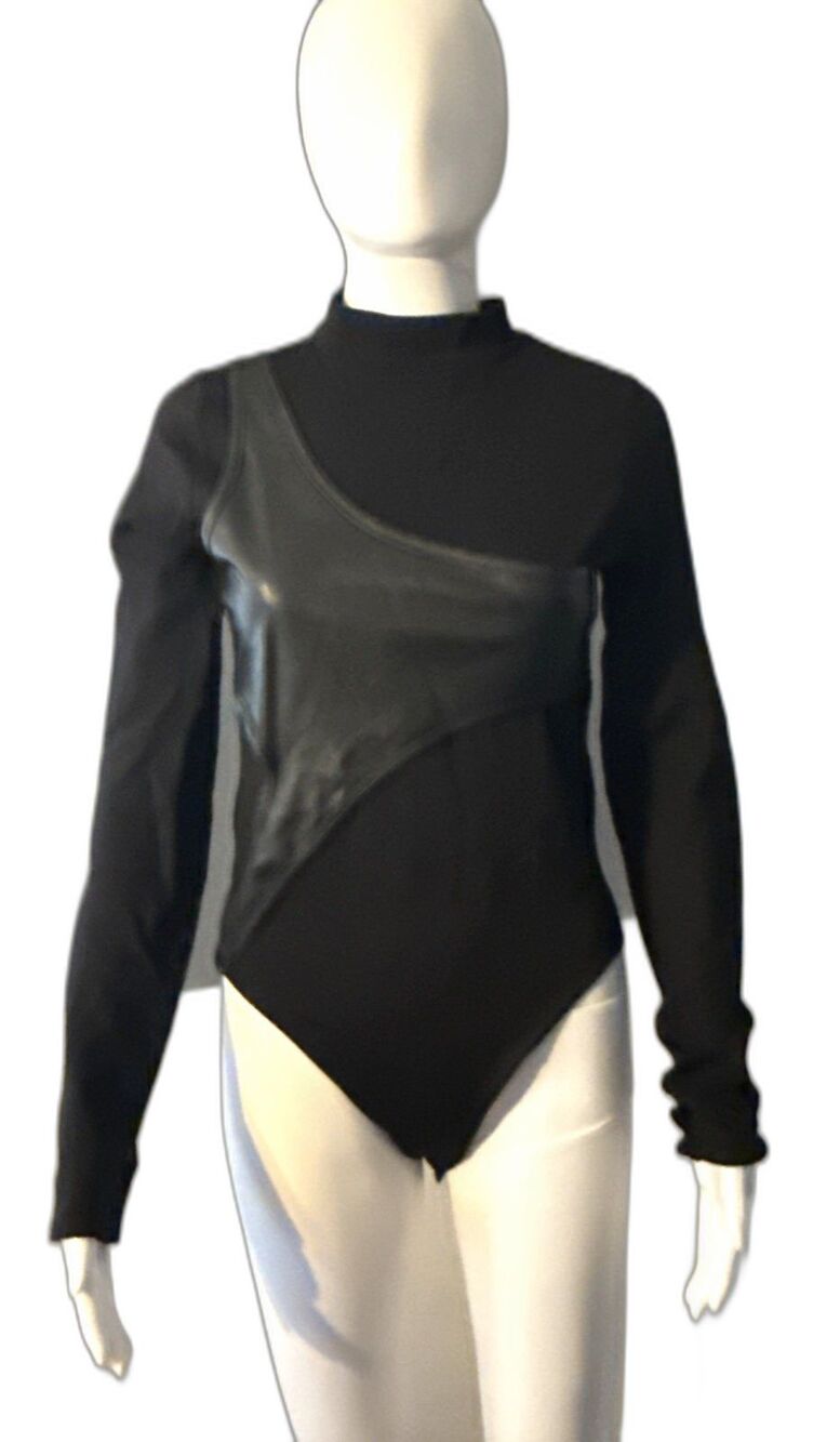 Maniere De Voir Black Bodysuit Thong Top Faux Leather Goth Clubwear Retro SZ 8
